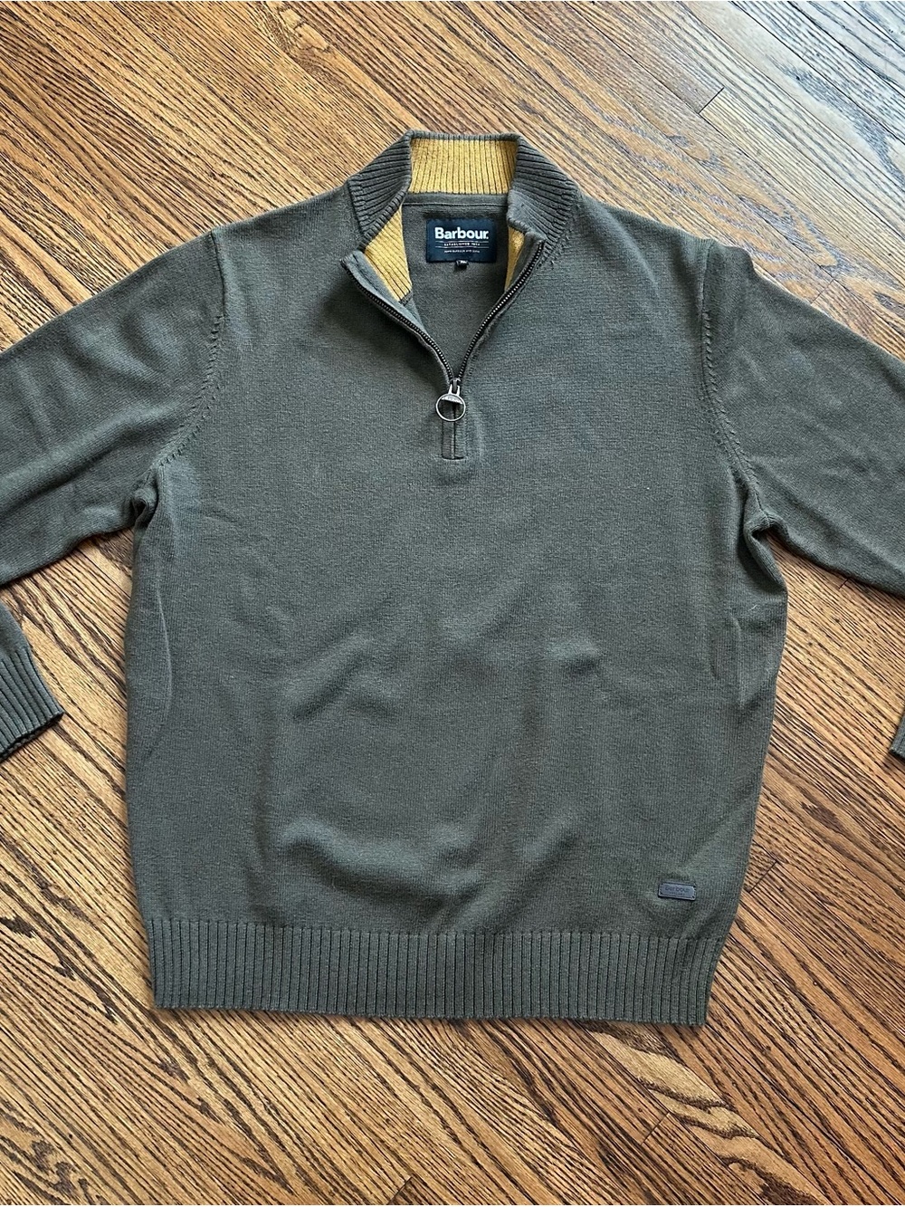 Barbour Men's Olive Green Zip-Neck Sweater with Mustard Trim NWOT
